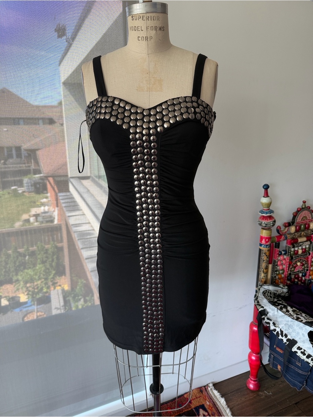 Black Studded Mini Dress with Silver Accents